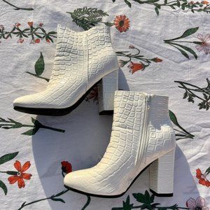 White Block Heel Croc Ankle Boots